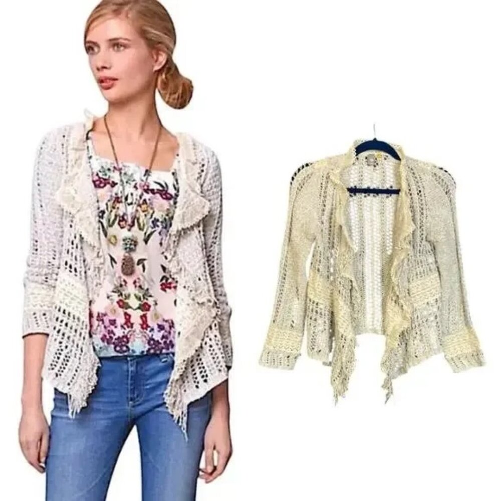 Anthropologie Knitted & Knotted Salt and Pepper Fringe Lace Cardigan